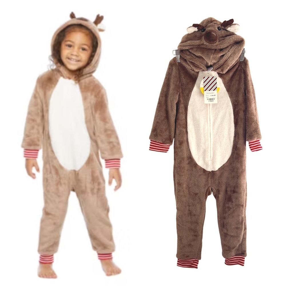 NWT New North Pole Reindeer‎ Jumpsuit Pajamas Kids Boy Girl 4 T Brown Holidays